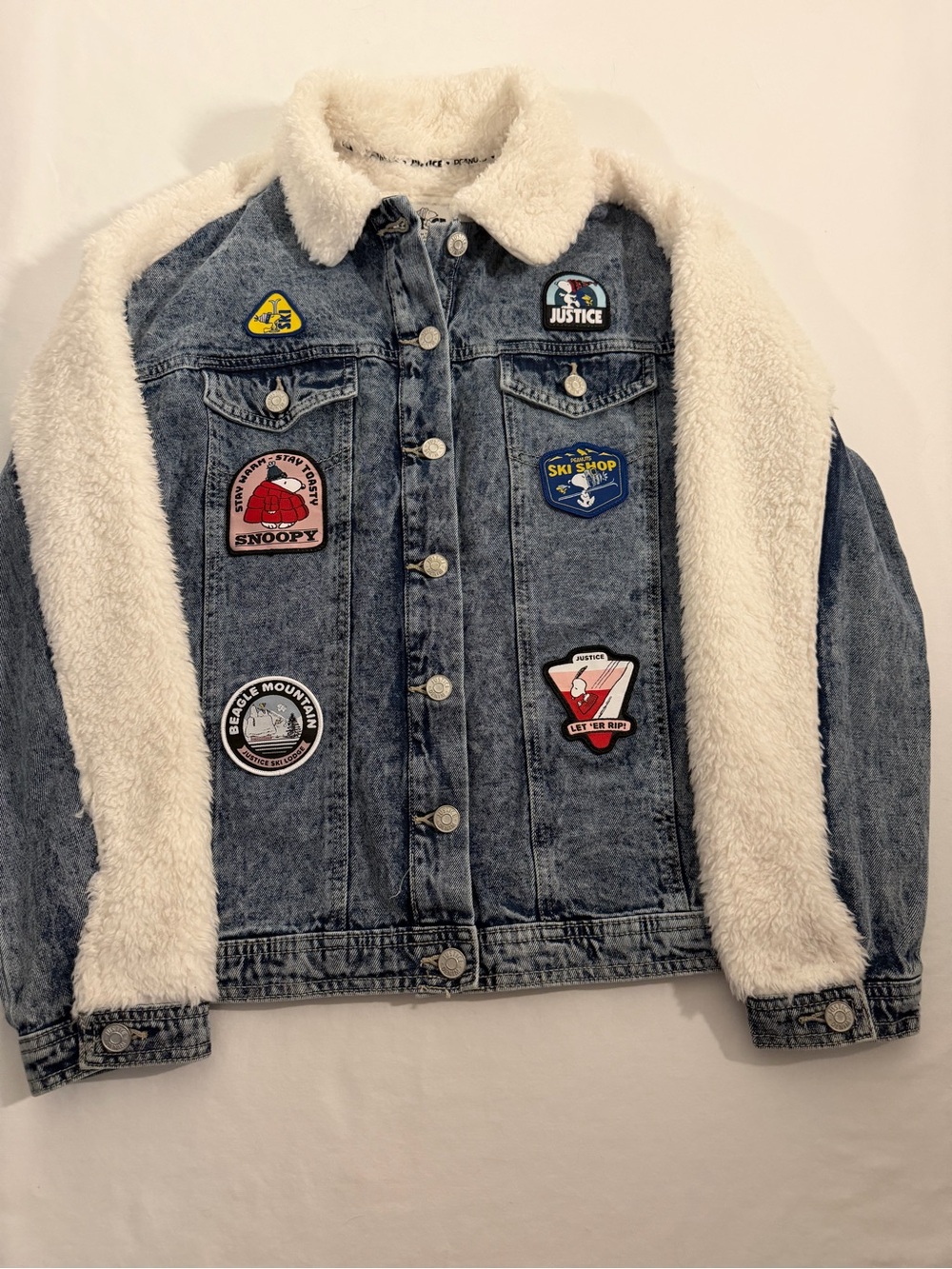 Justice Blue Denim Kids XL (16/18) Jacket with Cream Sherpa Sleeves and Patches